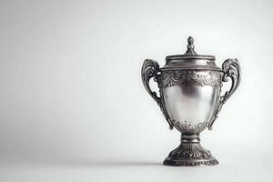 Ornate Silver Trophy Cup on White Background A Detailed Image of an Elegant Award. photo
