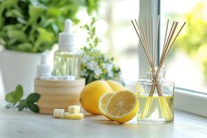 Refreshing Lemon-Scented Reed Diffuser and Essential Oils on Windowsill. photo