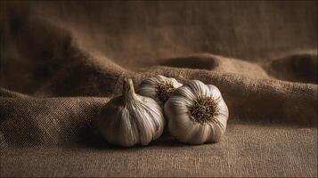 Three Garlic Bulbs on Burlap with Warm Lighting and Shallow Depth of Field. photo