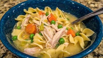 Delicious Homemade Chicken Noodle Soup with Carrots and Peas. photo