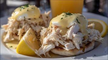 Delicious Crab Eggs Benedict with Lemon and Orange Juice photo