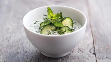 Fresh Cucumber and Mint Yogurt Dip with Spices on Rustic Wood. photo