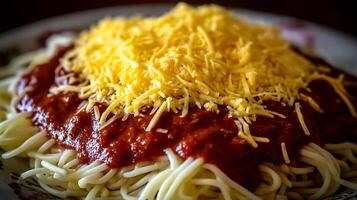 Close Up Shot of Delicious Spaghetti with Tomato Sauce and Cheese. photo