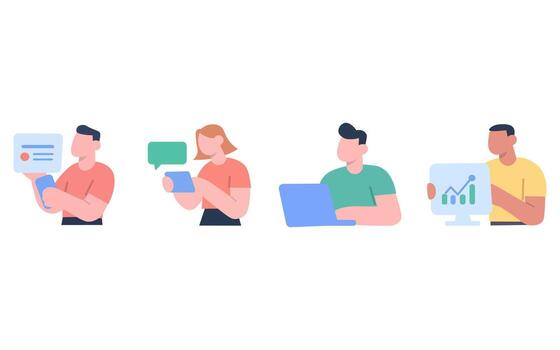 Diverse team collaborating digitally, showcasing various work styles vector