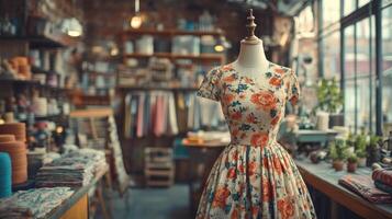 Floral vintage dress displayed on a mannequin in a cozy boutique or tailoring studio filled with textiles and sewing supplies, evoking craftsmanship and fashion creativity photo