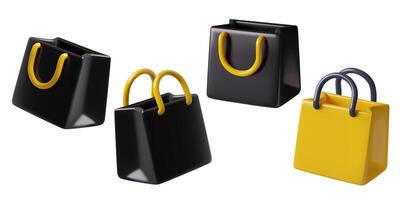 Shopping bags black and yellow 3d realistic icons set isolated on white background vector