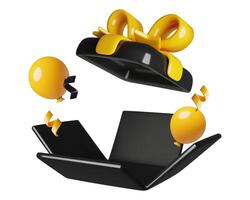 Opened black gift box 3d illustration with empty space for a prize confetti and balloons vector
