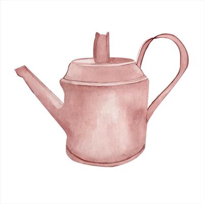 Watercolor brown metal garden watering can. Composition isolated from the background. Gardening tools for watering flowers. Plants and flowers. For Scrapbooking, cards, invitations, printing