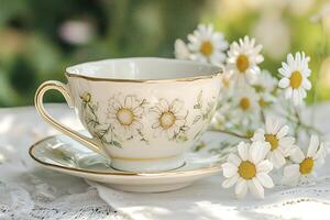 Elegant Teacup with Daisy Floral Design on Lace. A delicate porcelain teacup and saucer with a pretty floral pattern, accompanied by fresh daisies, creates a serene scene. photo