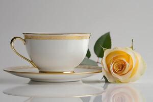 Elegant Teacup and Saucer with Yellow Rose A Still Life of Tranquility. photo