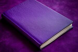 Rich Purple Notebook on Deep Purple Background. Elegant Stationery Mockup. photo