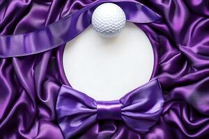 Elegant Purple Silk Drape with Golf Ball and Blank Circle for Text. A luxurious image perfect for announcements or invitations. photo
