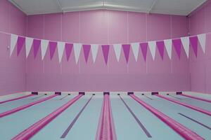 Empty Indoor Swimming Pool with Pink Walls and Bunting. A serene image of an empty swimming pool, perfect for illustrating relaxation, sports, or aquatic themes. photo