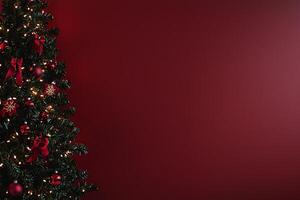Festive Christmas Tree with Red Ornaments and Lights against a Deep Burgundy Background. Perfect for holiday greetings and winter celebrations. photo