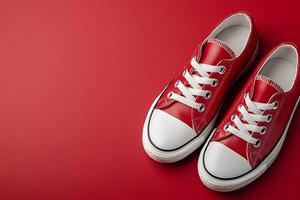 A Pair of Classic Red Canvas Sneakers on a Red Background. Perfect for fashion, retail, or lifestyle projects. photo