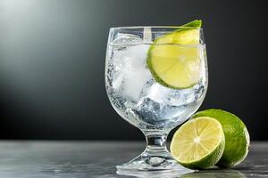 Refreshing Lime and Sparkling Water Drink in Glass. A close-up image of a drink garnished with lime. photo