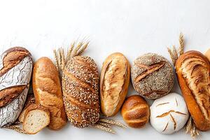 Assortment of Freshly Baked Breads with Wheat - Artisan Bakery Product Photography. photo