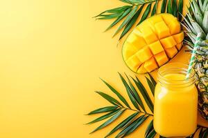 Tropical Mango Pineapple Smoothie with Palm Leaves Refreshing Summer Drink Photography. photo