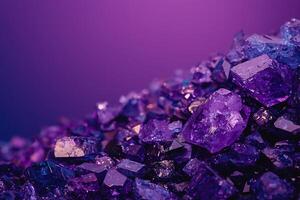 Close-up of a Pile of Sparkling Purple Crystals Against a Deep Purple Background. photo