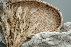 Oval Wicker Tray with Dried Pampas Grass and Textured Fabric. A stylish autumnal still life composition perfect for home decor or seasonal design projects. photo