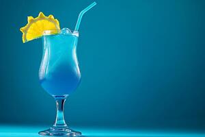 Refreshing Blue Lagoon Cocktail in Hurricane Glass with Lemon Garnish. A vibrant image perfect for summer drink menus and websites. photo