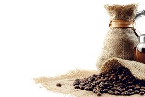 Aromatic Coffee Beans Spilling from a Burlap Sack with Coffee Maker. A close-up shot showcasing the rich color and texture of roasted coffee beans. photo
