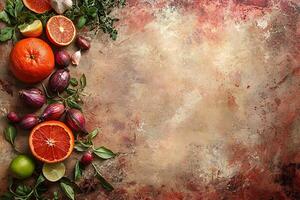 Vibrant Citrus Fruits, Herbs, and Figs Arranged on a Textured Background. photo