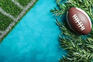 American Football on a Turquoise Background with Grass and Greenery. A vibrant image perfect for sports, game day, or summer themes. photo