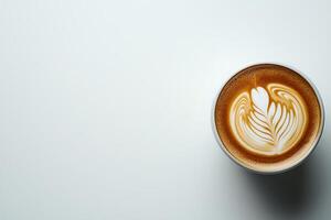 Top View of a Latte with Latte Art. A delicious cup of coffee with intricate foam design, perfect for coffee shop menus or lifestyle blogs. photo