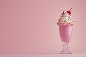 Delicious Strawberry Milkshake with Whipped Cream and Sprinkles on Pink Background. A tempting image perfect for menus, blogs, or advertising. photo