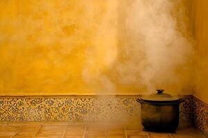Steaming Pot in a Yellow Room with Ornate Tilework. A rustic pot with steam rising against a warm yellow wall accented by patterned tiles. photo