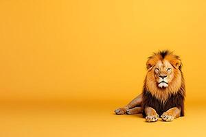 Majestic Male Lion Resting on Yellow Background Powerful Symbol of Strength and Royalty. photo