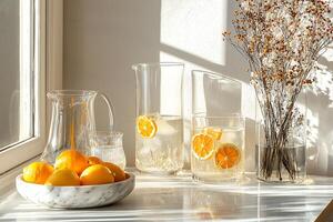 Sunlit Still Life Lemons, Water, and Dried Flowers on a Marble Surface. photo