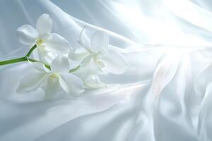 Delicate White Orchids on Flowing Fabric Elegant Floral Still Life. photo