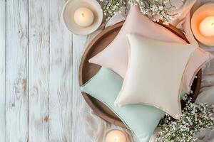 Serene Pastel Pillows and Candles on Rustic Wooden Tray. A tranquil scene perfect for relaxation and spa imagery. photo