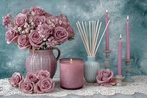 Romantic Still Life Pink Roses, Candles, and Diffuser on Lace Doily. A serene image perfect for home decor, spa, or wedding themes. photo