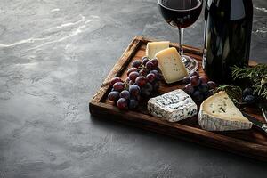 Gourmet Cheese and Red Wine Tasting on Rustic Wooden Board. A delectable spread of cheeses, grapes, and rosemary, perfectly paired with a glass of red wine. photo