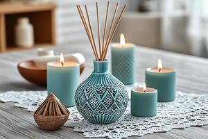 Scented Diffuser and Candles Create a Relaxing Atmosphere. A tranquil home setting with teal candles and a decorative reed diffuser. photo