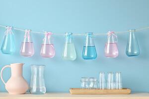 Pastel-Colored Drinks in Hanging Glass Bottles and Glassware on a Light Blue Background. photo