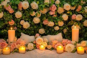 Romantic Rose Arrangement with Lit Candles and Pillows. A serene and peaceful scene perfect for relaxation, spa, or wedding themes. photo