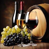 Two Glasses of Wine with Grapes and Oak Barrel A Still Life of Wine Tasting. photo