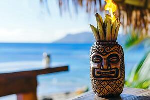 Flaming Tiki Torch in Pineapple Design at Tropical Beach Bar. A close-up image of a lit tiki torch shaped like a pineapple, creating a warm and inviting atmosphere. photo