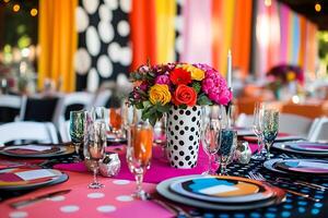 Vibrant Floral Centerpiece and Modern Table Setting at a Festive Event. photo