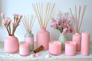 Serene Pink Home Decor Still Life Candles, Diffusers, and Flowers. photo