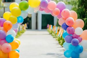 Festive Archway of Colorful Balloons at Outdoor Event. A cheerful scene perfect for celebrations and parties. photo