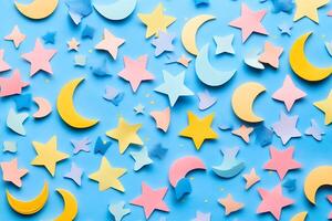 Colorful Stars and Moons on a Blue Background A whimsical illustration perfect for children's products, textiles, and design projects. photo