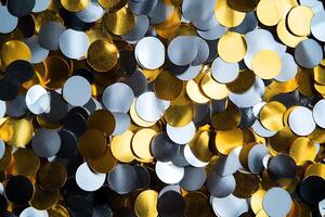 Gold, Silver, and Black Confetti Circles Festive Background Texture. photo