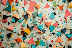 Abstract Colorful Triangle Pattern on a Textured Surface. This image features a vibrant composition of multicolored triangles arranged on a grungy background. photo