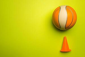 Orange Basketball and Traffic Cone on Lime Green Background Sport and Safety Concept. photo
