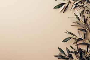Olive Branch Border on Beige Background Elegant Nature Design. photo
